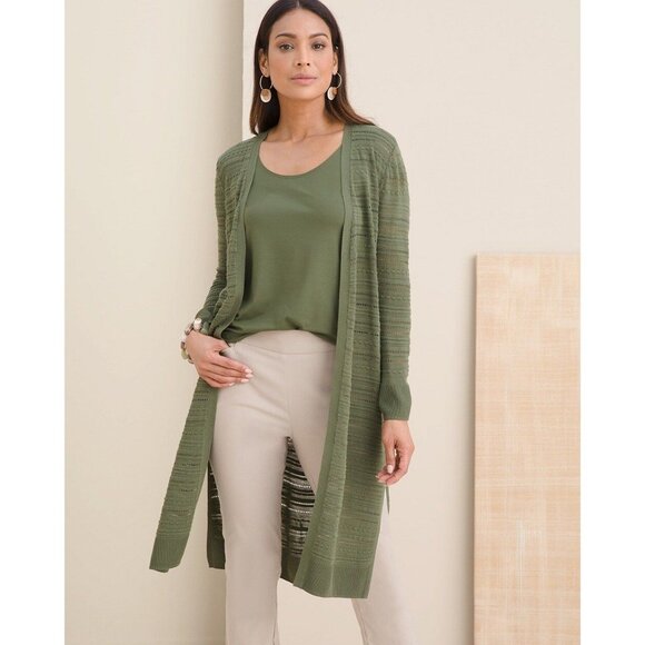 Chicos Open Front Green Textured Maxi Cardigan Open Knit Size 1 (US Size M) - Picture 6 of 7